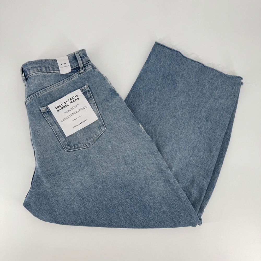 Good American Good Extreme Barrel Jeans Blue Distressed HR Size 8 29 NEW